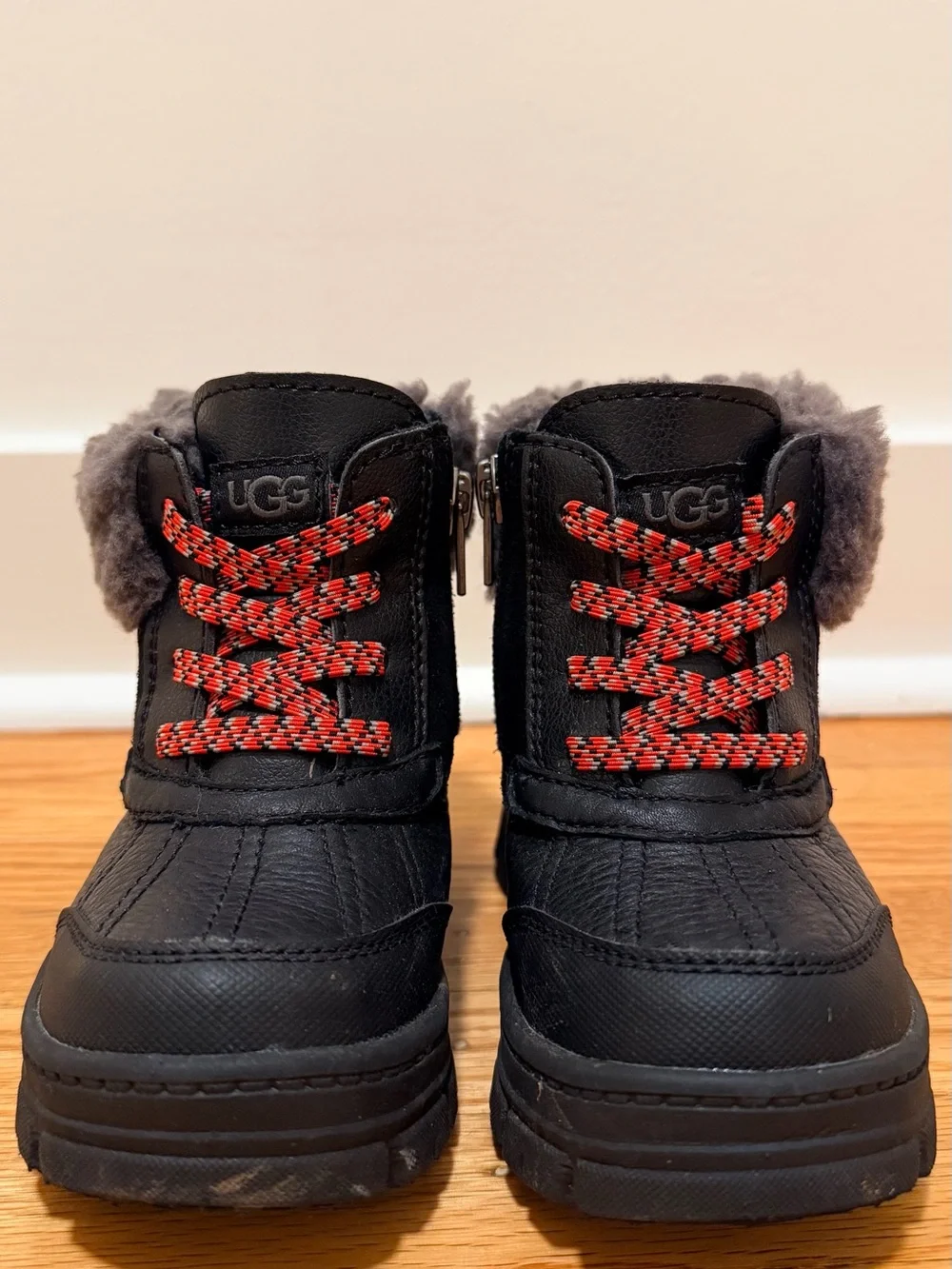 UGG Black Boots with Gray Shearling and Red Laces